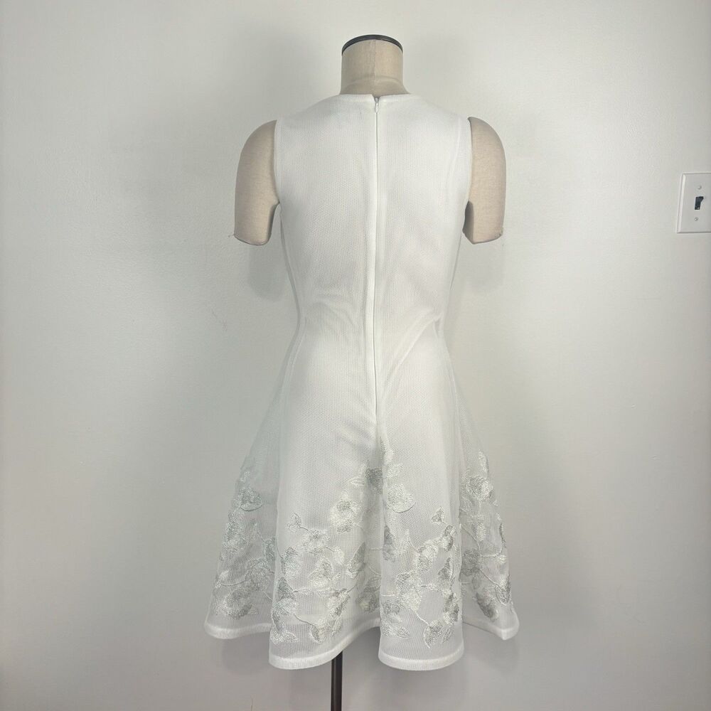 DKNY Womens 6 White Embroidered Dress Silver Floral Fit Flare Mesh Sleeveless - Picture 7 of 10